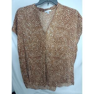 Maison d'Amélie Blouse Womens Large Brown White V-Neck Short Sleeve Speckled